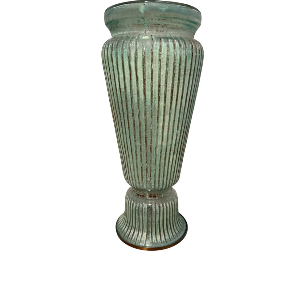 Pier 1 Imports Seafoam Green Ribbed Glass Pillar Candle Holder 10.75" Tall India